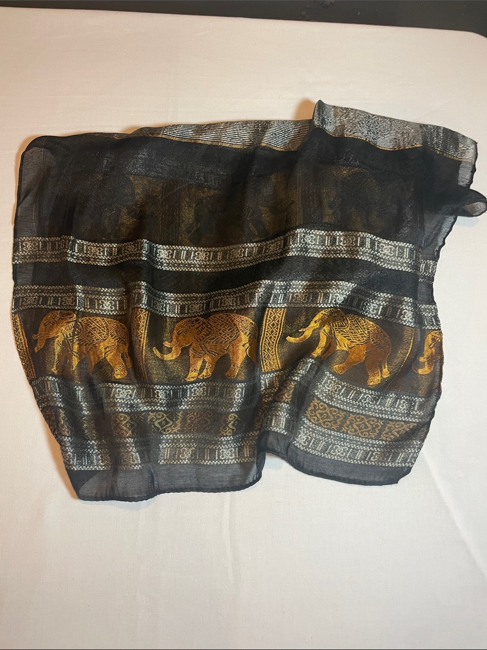 Black Sheer Elephant Print Scarf with Gold and Silver Accents